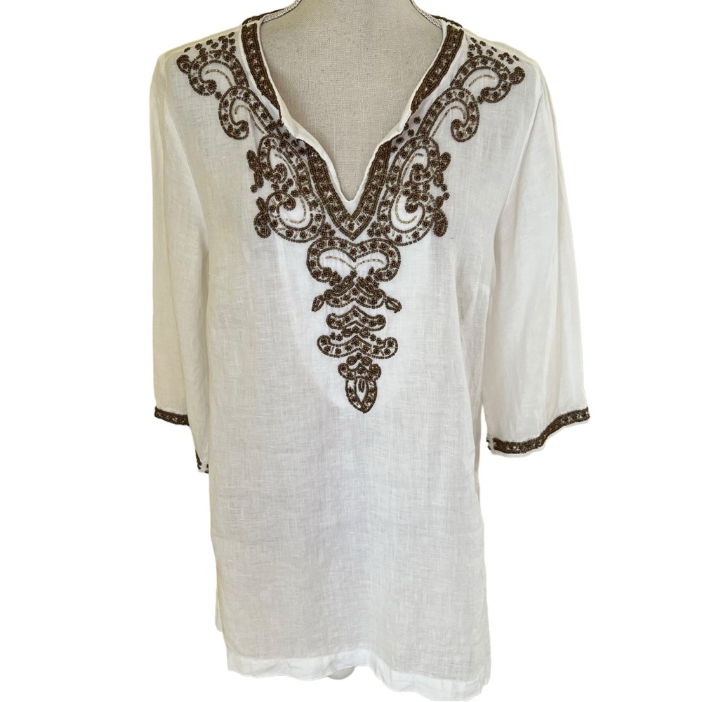 Chico's White Linen Bead Detail Tunic Top 1(8)